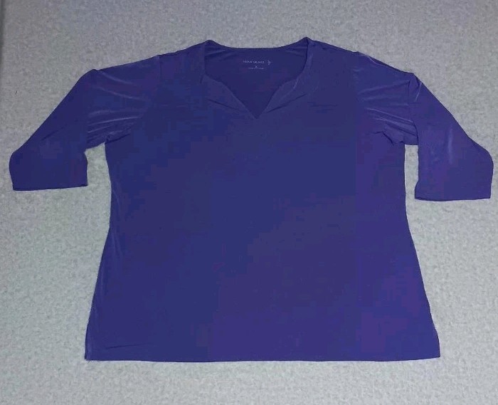Susan Graver 3/4 Sleeve Tunic Blouse Womens Size XL Purple Vneck Stretch Fitted