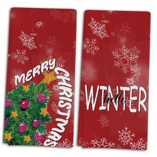 Festive Merry Christmas Waffle Weave Kitchen Towels Set of 2