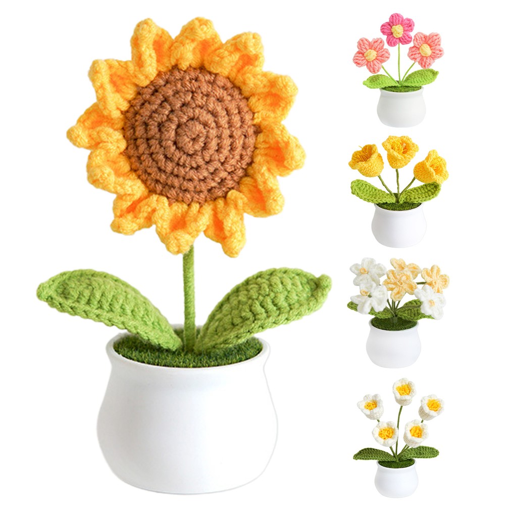 Hand Knitted Potted Plants Crochet Flower Bouquet Home Desk Decor Ornament