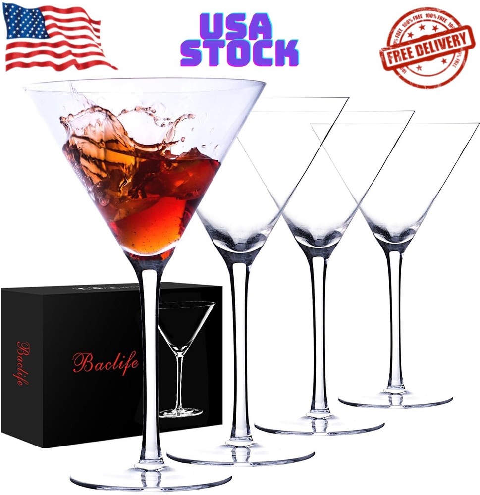 Elegant Handblown Crystal Martini Coupe Glasses Set of 4 - 9.5 oz Stemware