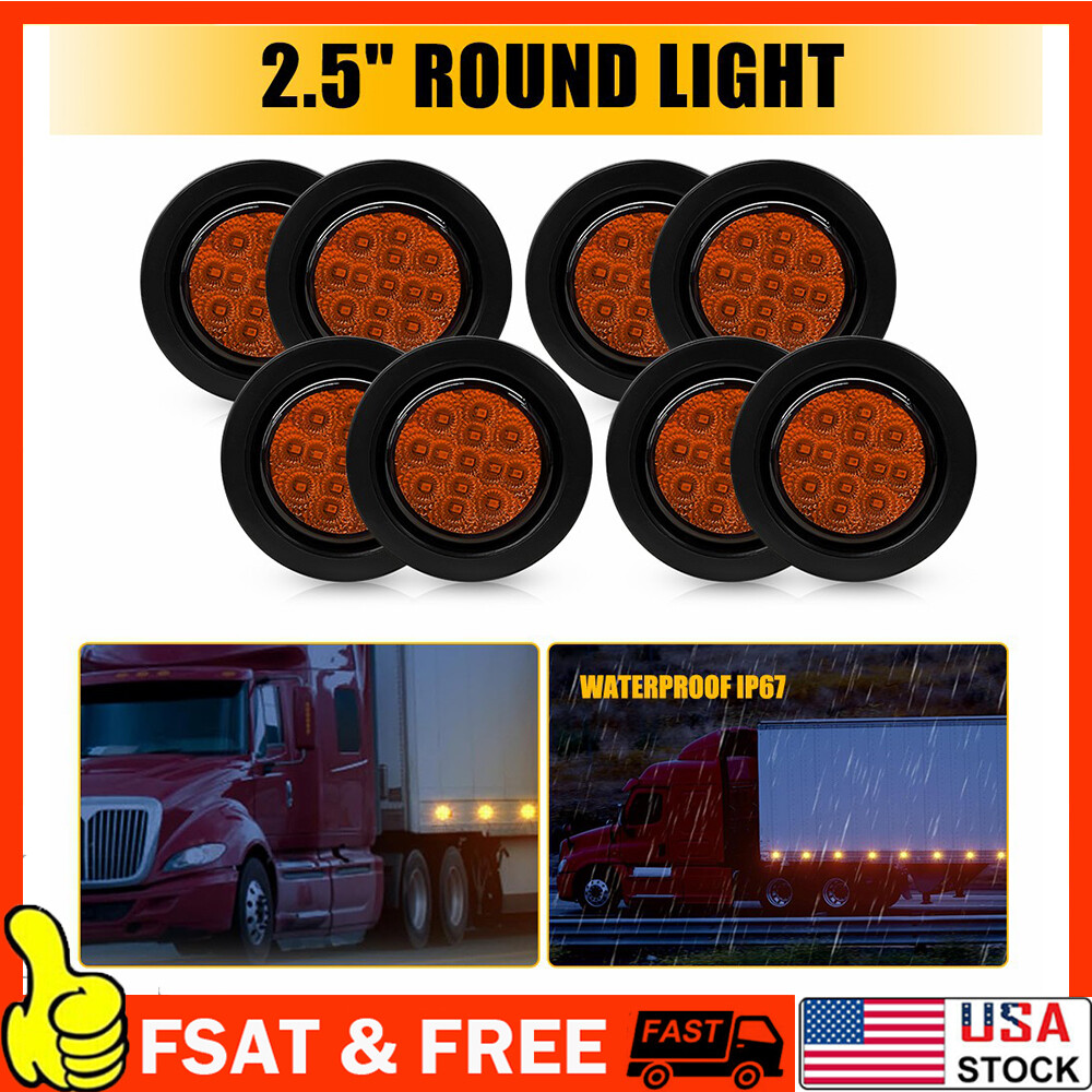 8-Pack 2.5 Inch Round 13 LED Amber Side Marker Lights for Trucks and Trailers – Clearance Grommet Mount, Durable and Weatherproof Design
