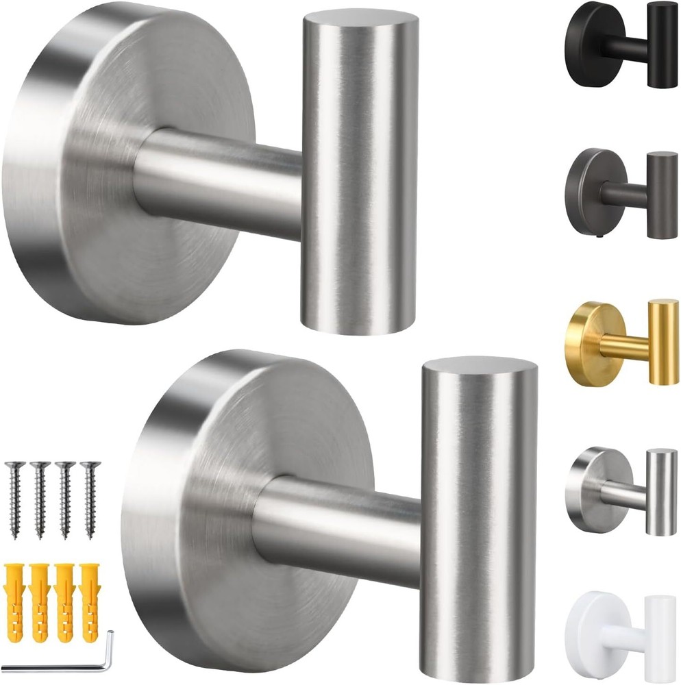 (2 Pack Brushed Nickel) Towel Hooks, Robe Hook, Bathroom Coat Hook Wall Mounted,