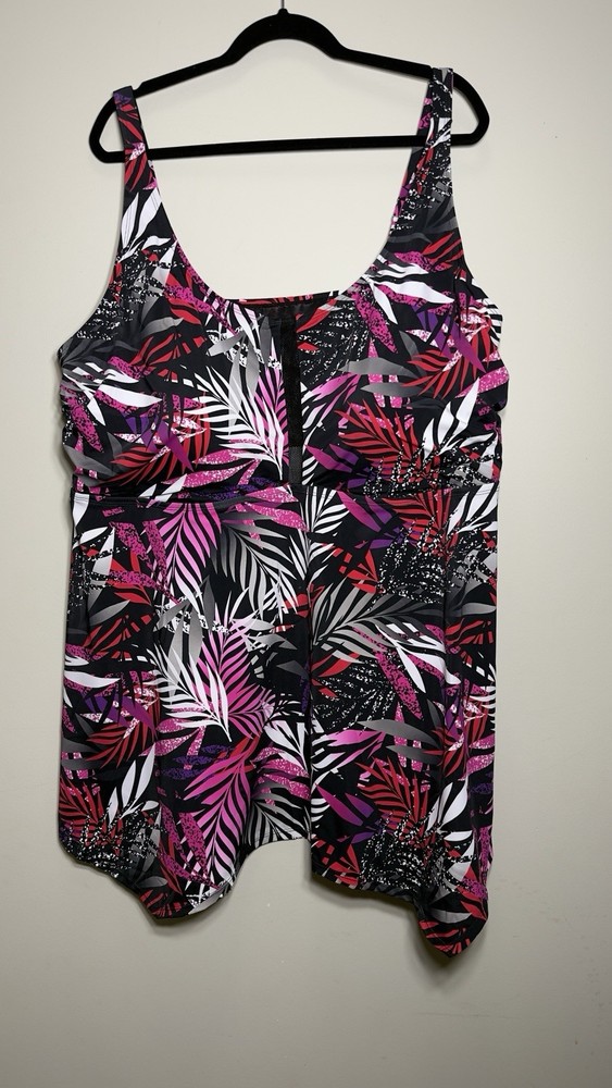 SWIM365 Women's Plus Size 30 Swim Dress Tankini Top Floral Palm Mesh Inset NEW