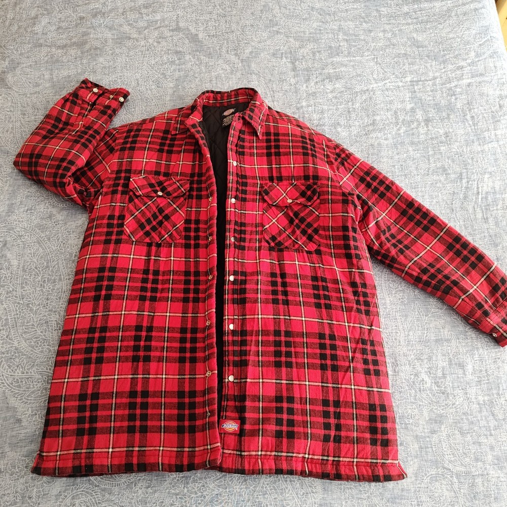 Dickies Shirt Jacket Mens Medium Red Plaid Flannel Quilted Lined Work Shacket