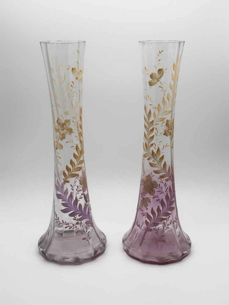 Pair of Antique Moser Karlsbad Bohemian Amethyst Glass Bud Vases c.1900