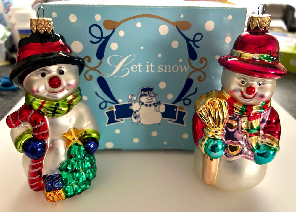 Vintage Fingerhut Snowman Couple Blown Glass Christmas Ornaments (2) 4 ½” Tall