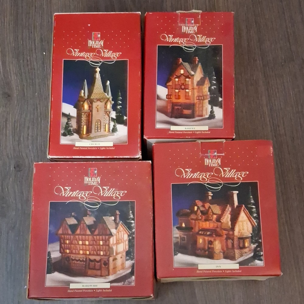 Holiday Time Vintage Village Illuminated Porcelain Christmas Set of 4 Boxed