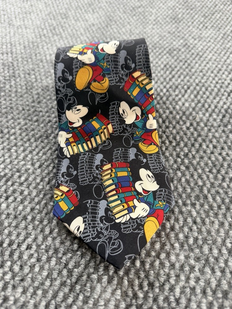 Vintage Disney Mickey Mouse Silk Tie Italy Mickey Carrying Books Novelty