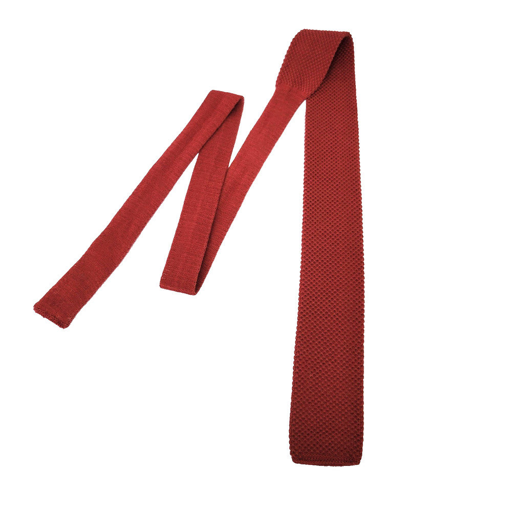 Men's Burgundy Red Knit Tie Square Bottom Slim Skinny Textured Solid Necktie