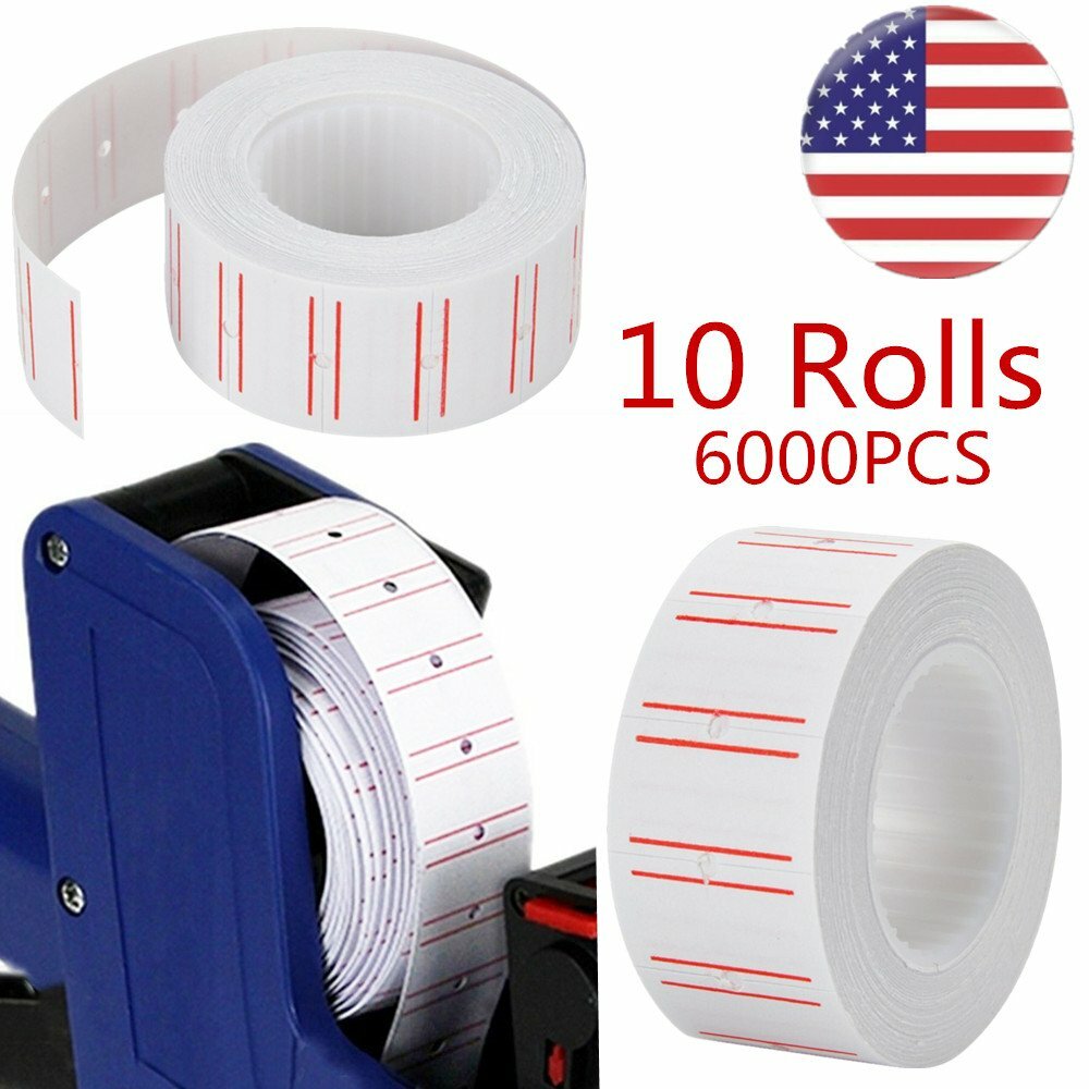 6000PCS 10 Rolls Price Gun Tag Sticker Label Refill MX 5500 Paper White Red Line