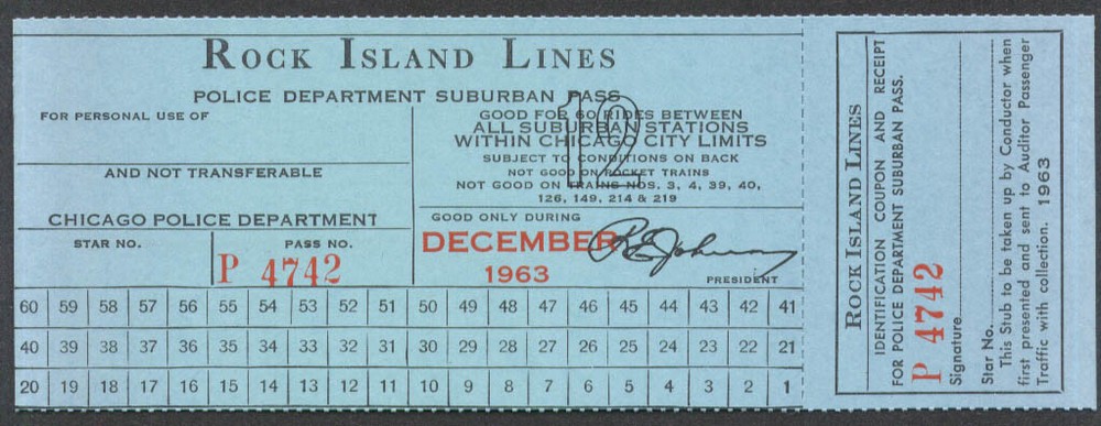 Rock Island Lines Police Department Suburban Pass Chicago City Limits 12 1963