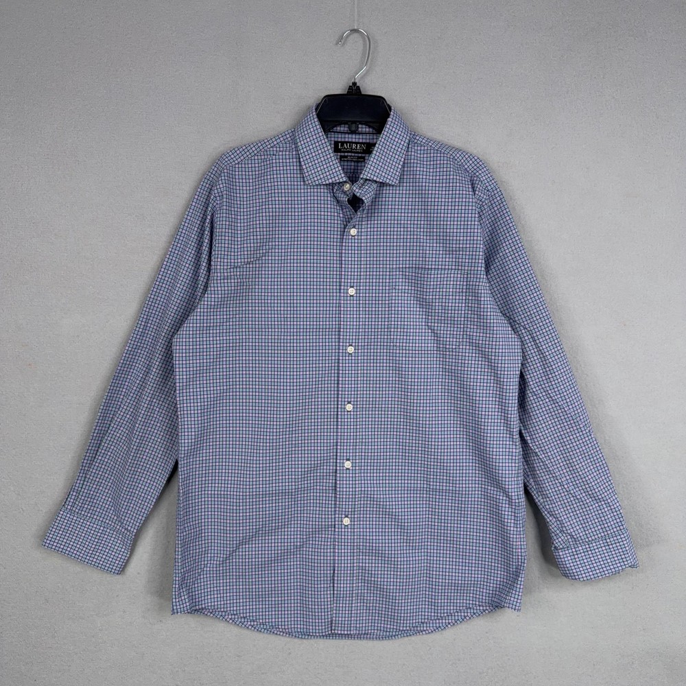 Lauren Ralph Lauren Shirt Mens 16.5 34/35 Blue Plaid Slim Fit Stretch Non Iron