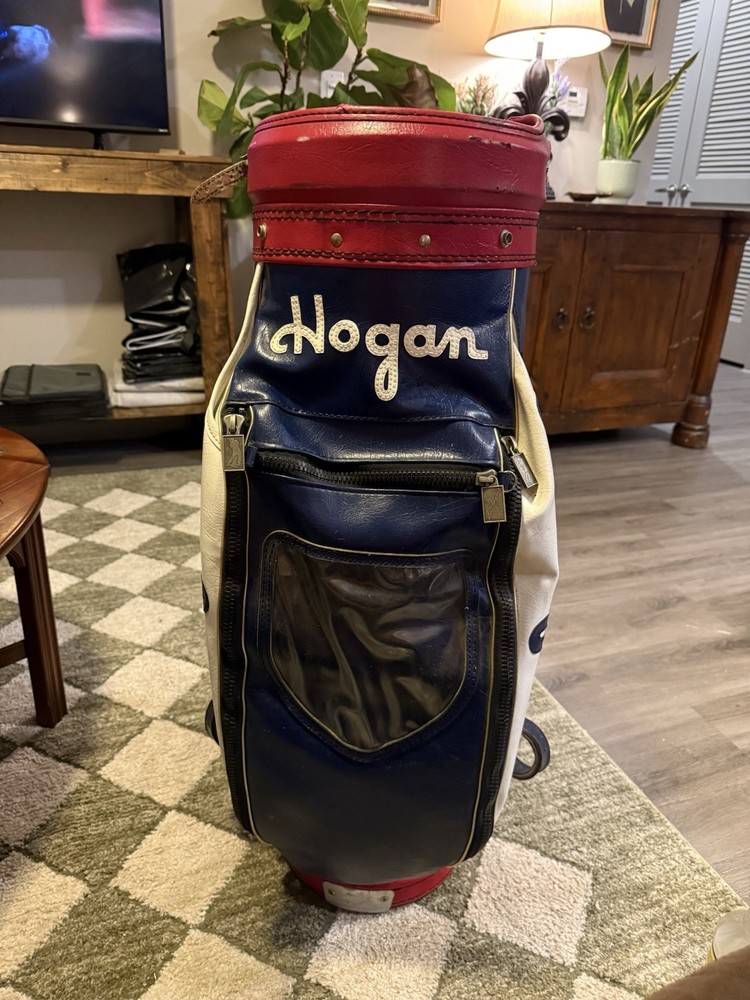 Ben Hogan Vintage Red White Blue Leather Golf Club Bag with Rain Cover