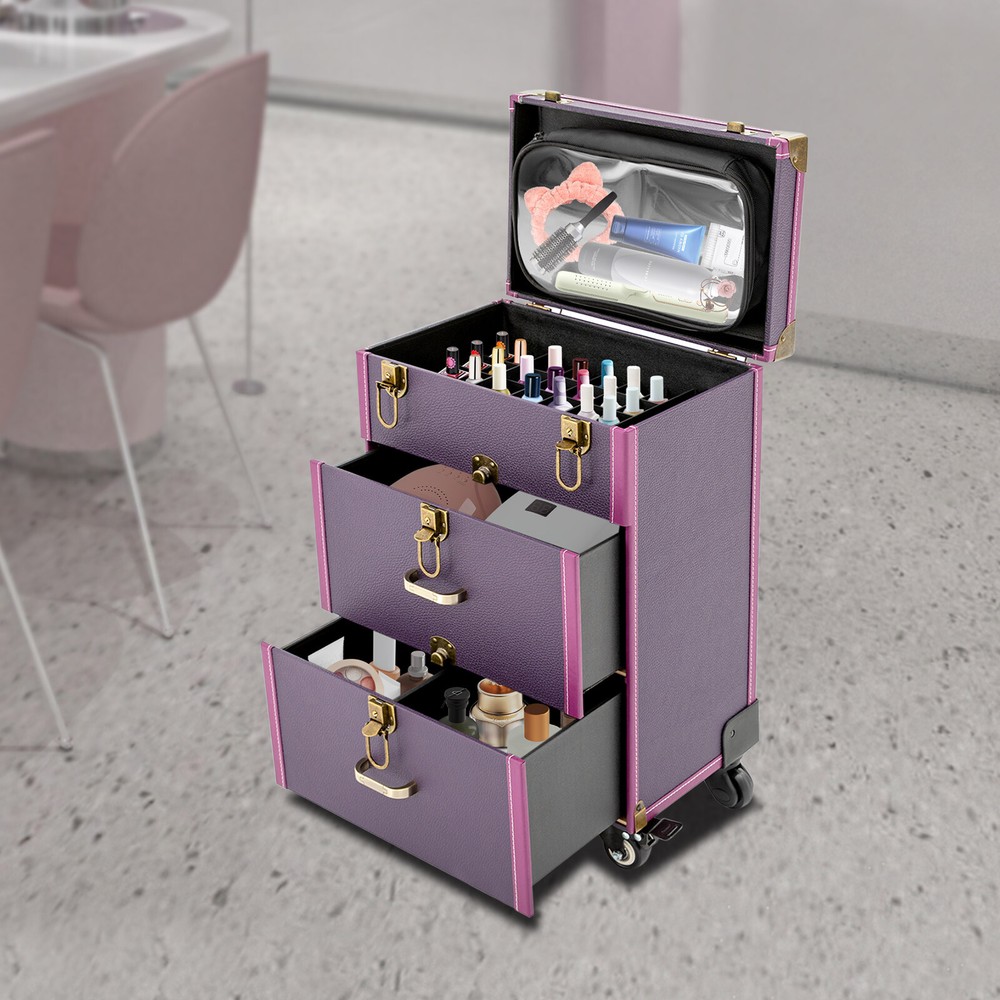 Portable Makeup Train Case Professional Cosmetic Trolley Travel Vanity Organizer