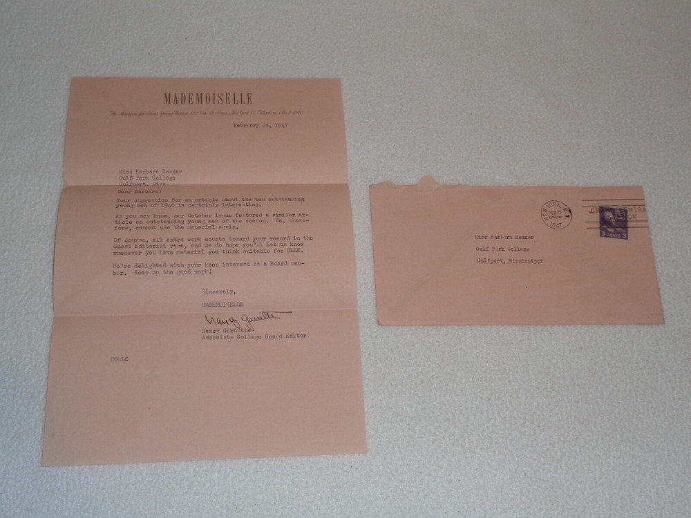 1947 Mademoiselle Revista Mujeres Moda Rara Vintage Carta Nancy Garoutte