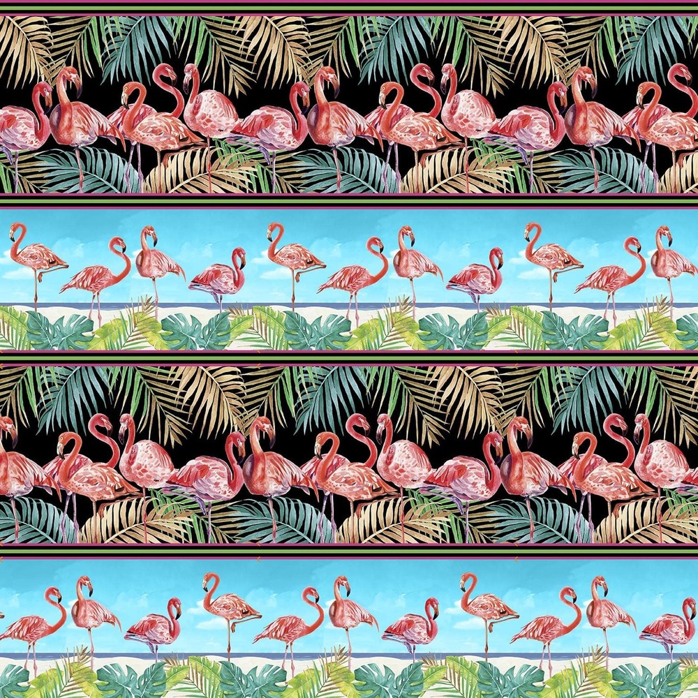 Animal Fabric | Flock Star Pink Flamingo & Leaf Stripe Black Blue | Blank YARD