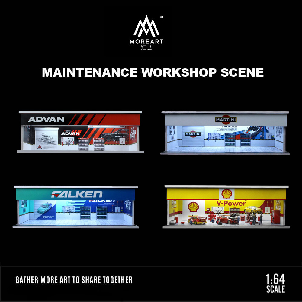 1/64 Scale LED Garage Diorama with Repair Workshop Scene for Car Display