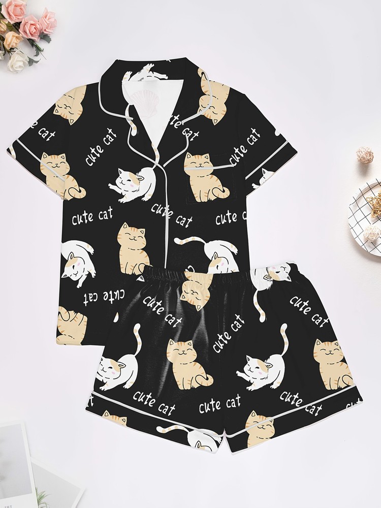 SHOPQAQ Women'S Pajama Set Two-Piece Sleeping Cat Print Comfortable Outdoor Home