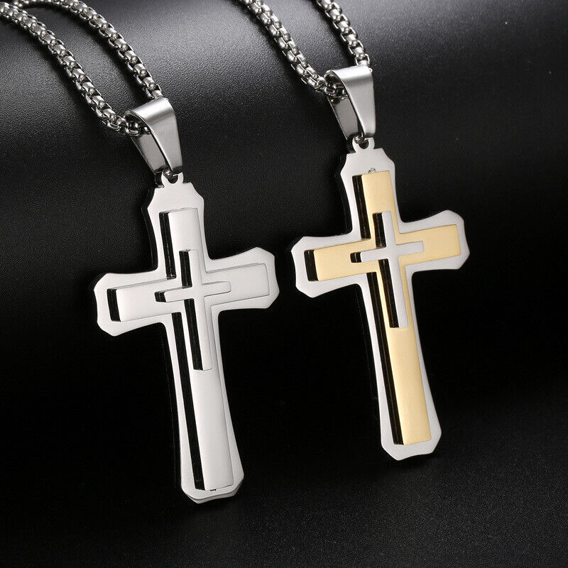 Cross Necklace for Men Stainless Steel Chain Crucifix Pendant Chain Silver Gold