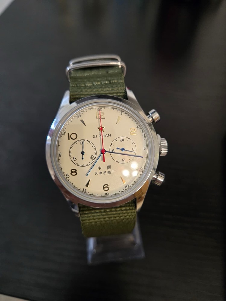 Homage Seagull 1963 Chronograph Quartz 42mm Rice White Dial Green NATO Strap