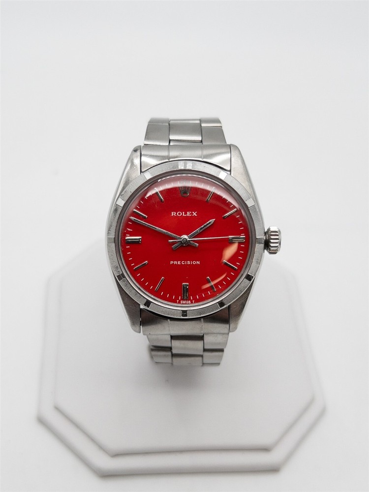 Rare Rolex 34mm Oyster Perpetual Red Dial SS Mens Watch Serviced $12K