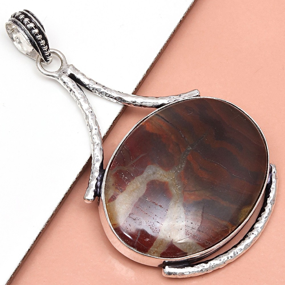 Handmade Stick Agate Gemstone Silver Pendant for Women & Men 2.75 Inch