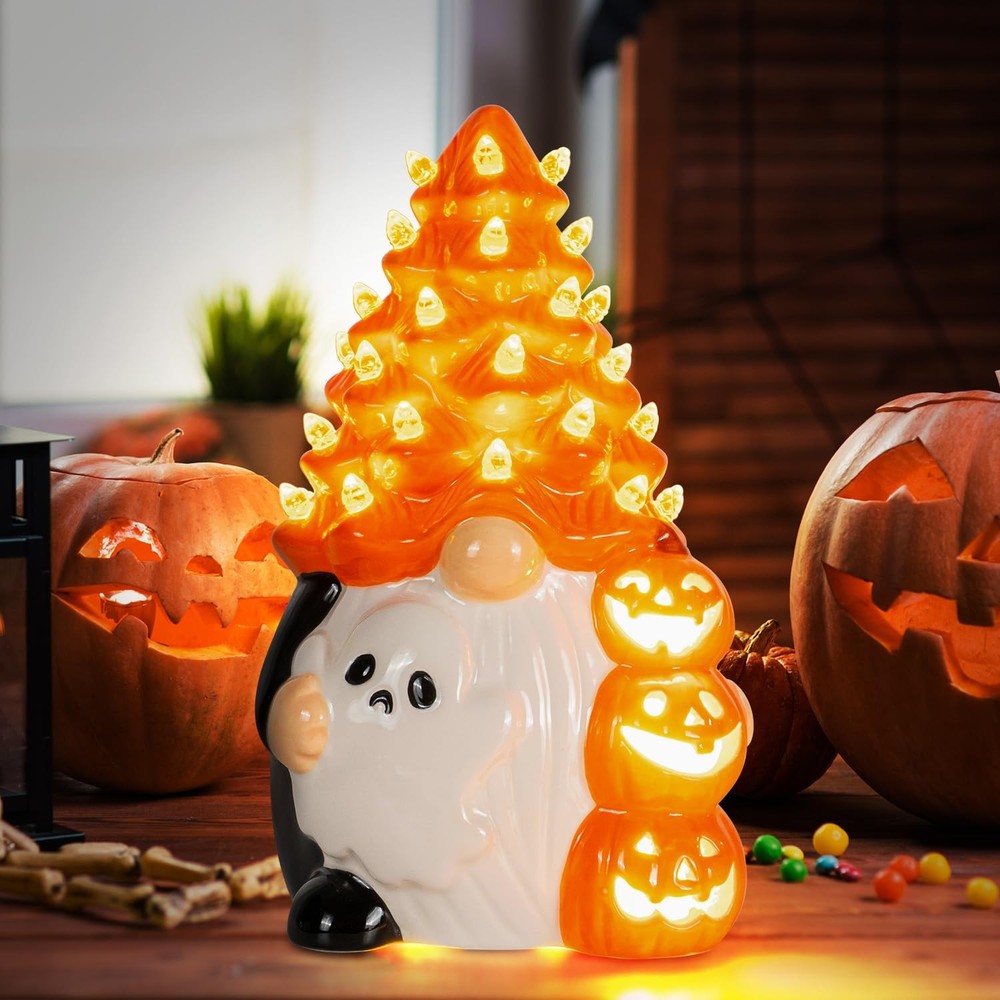 Spooky Gnome Halloween Decor with Orange Pumpkin Ceramic Tree and LED Lights
