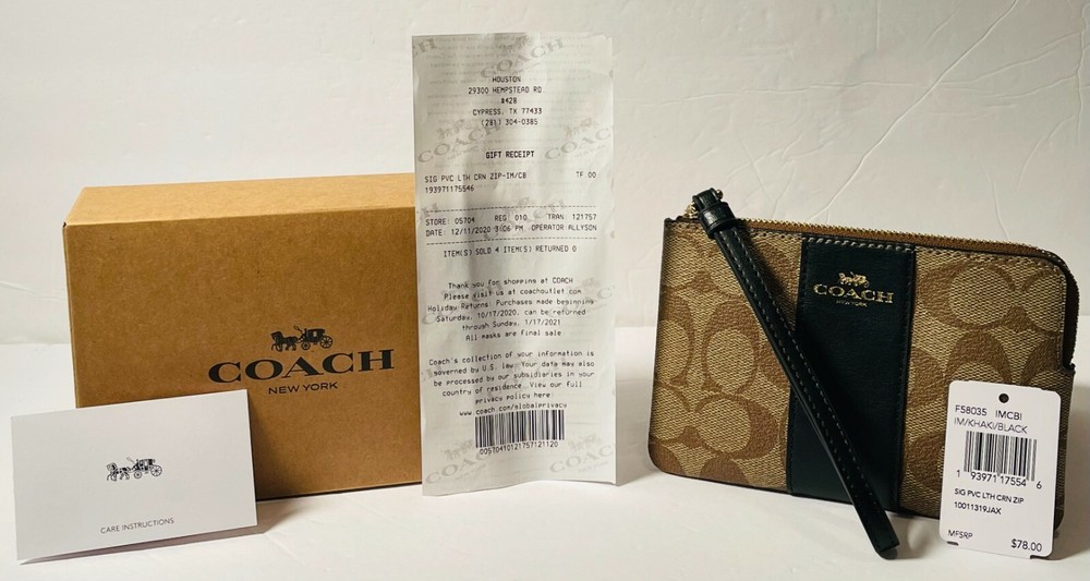 COACH Signature Khaki Black Corner Zip Wristlet Wallet Women Brand New