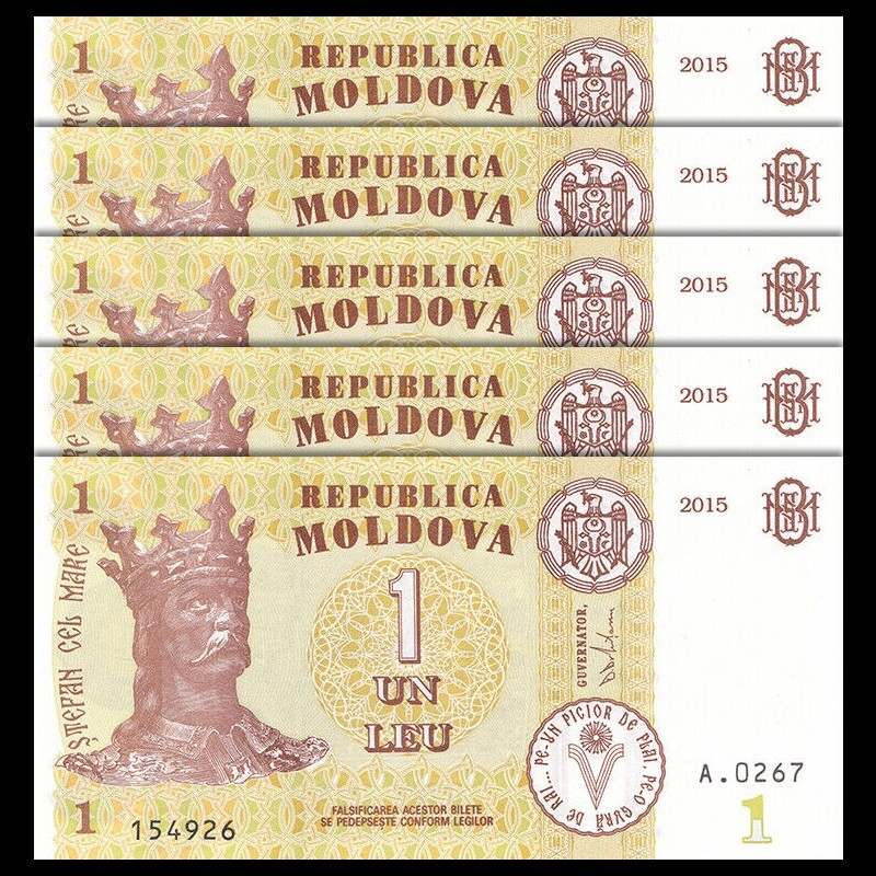 Lot 5 PCS, Moldova 1 Leu, 2015, P-21, random year, UNC