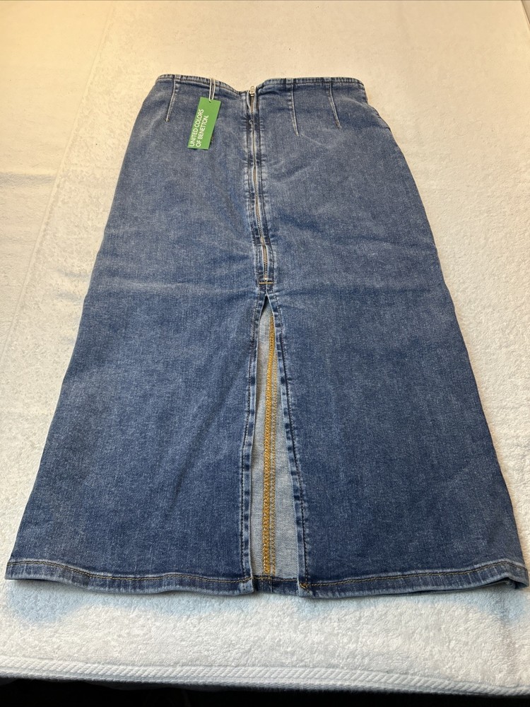 United Colors of Benetton Denim Pencil Midi Skirt Back Zip Size 42 (S-M)