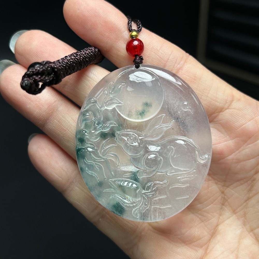 Nature ice white&green Burmese jade Jadeite rabbit lucky amulet Pendant&Necklace