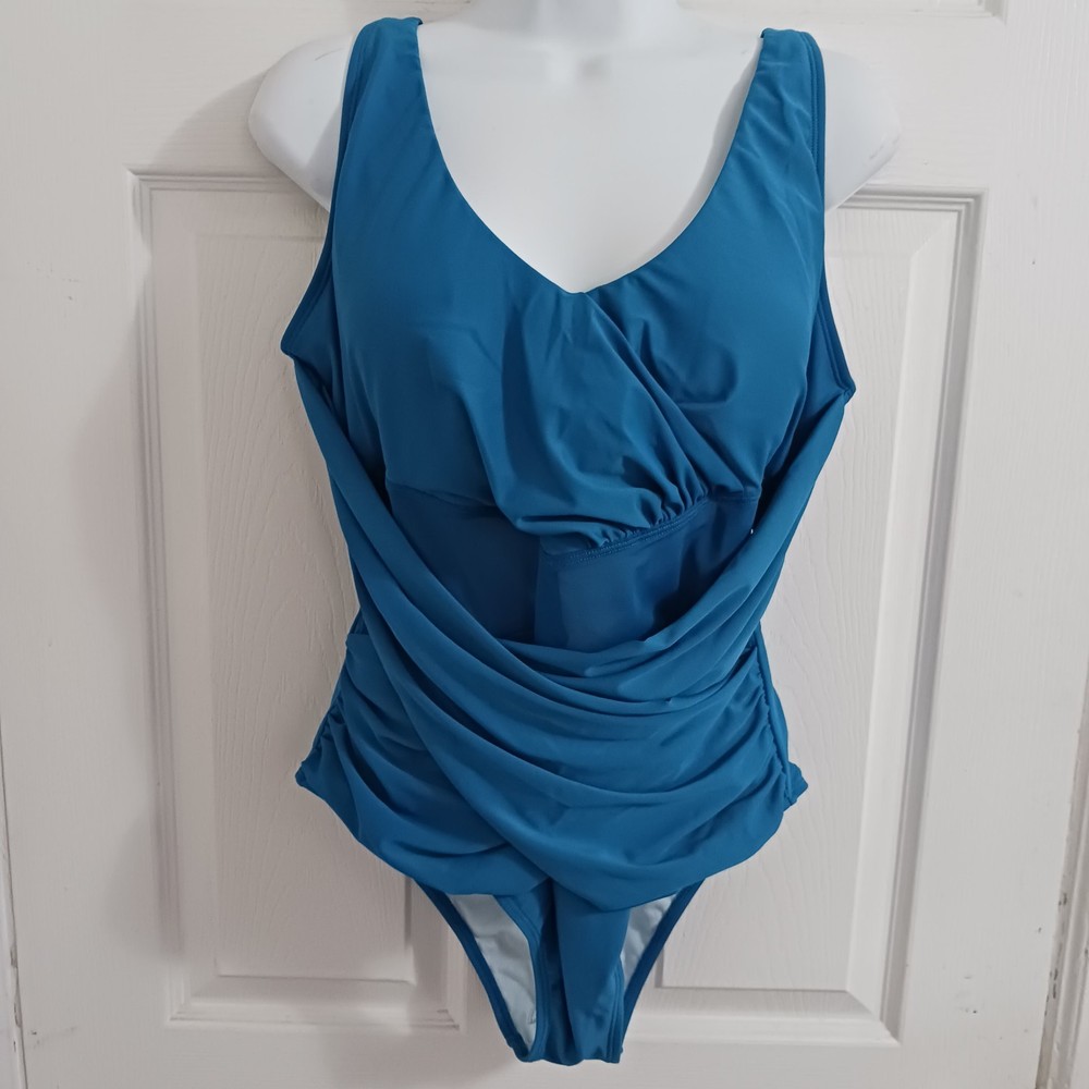 Cupshe Women's V Neck One Piece Swimsuit Blue Solid Size Large NEW