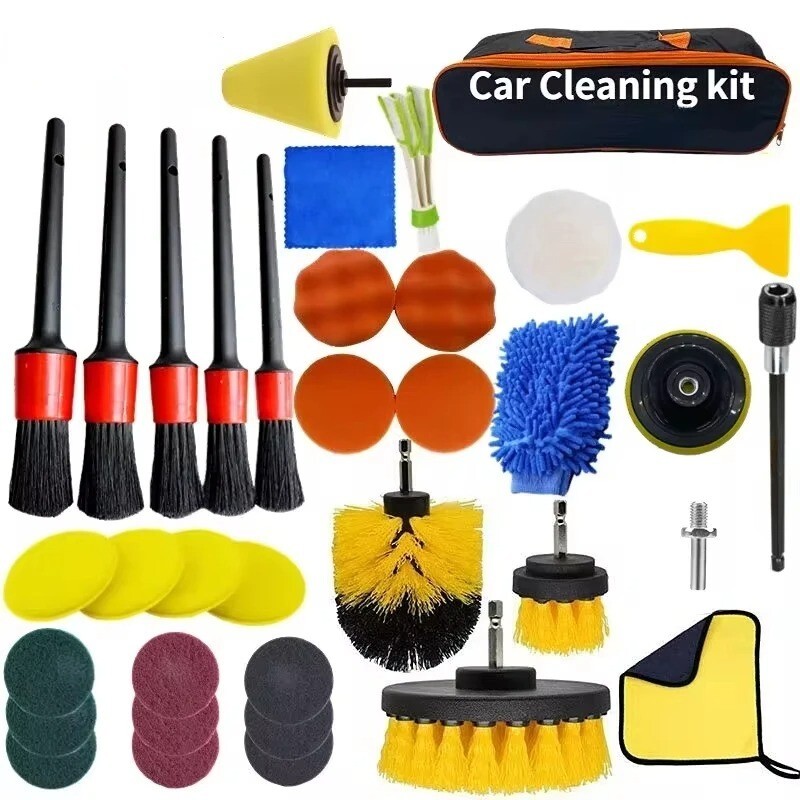 Car Cleaning-Kit Scrubber Drill Detailing Brush Set Air Conditioner Vents Towel