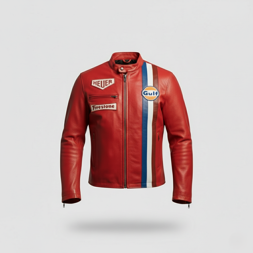 Gulf Red Biker Jacket Heuer Steve McQueen Racing Style Stripes Cordura Jacket