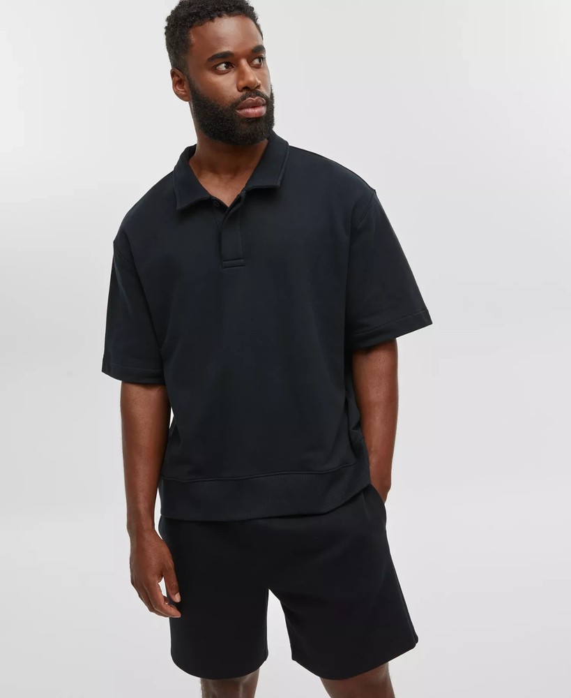 MODE OF ONE Solid Black Polo Shirt French Terry Cotton 3 Button Relaxed Fit S