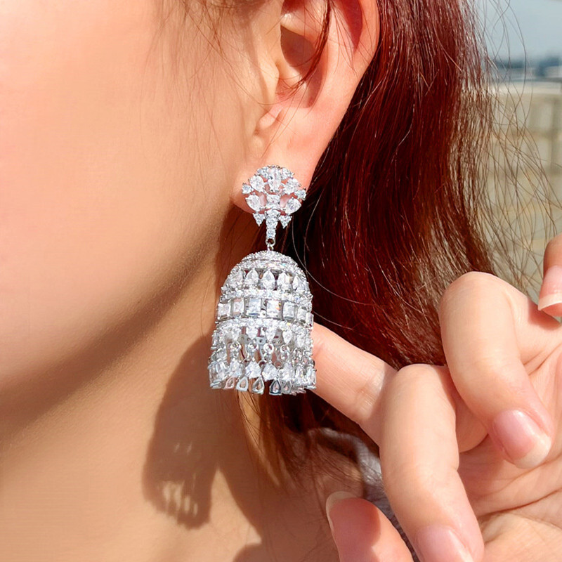 Women Dazzling Silver Plated Cubic Zircon Long Dangle Earrings for Wedding Party