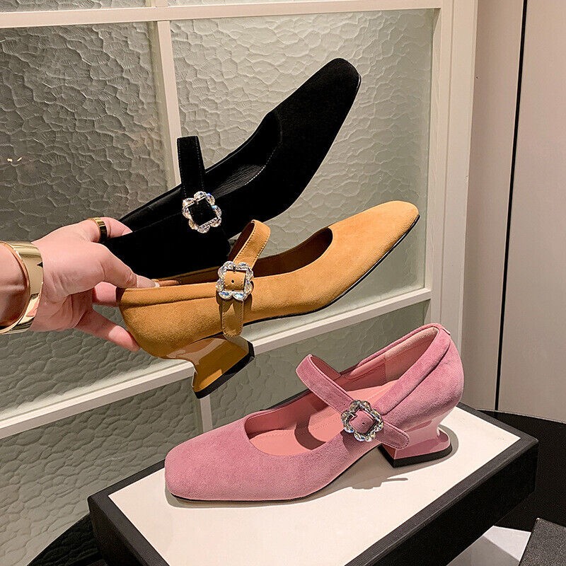 Women Spring Summer Sheepskin Suede Square Toe Fashion Shoes