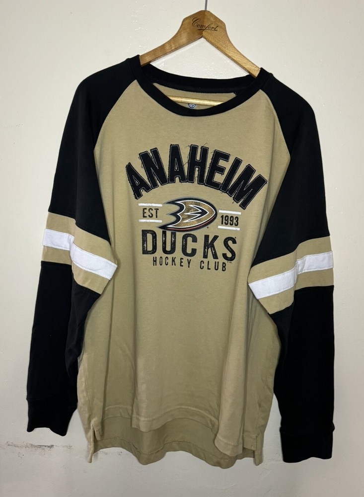 ANAHEIM DUCKS Hockey NHL Long Sleeve Shirt Black / Beige Stripes Men’s Size XL