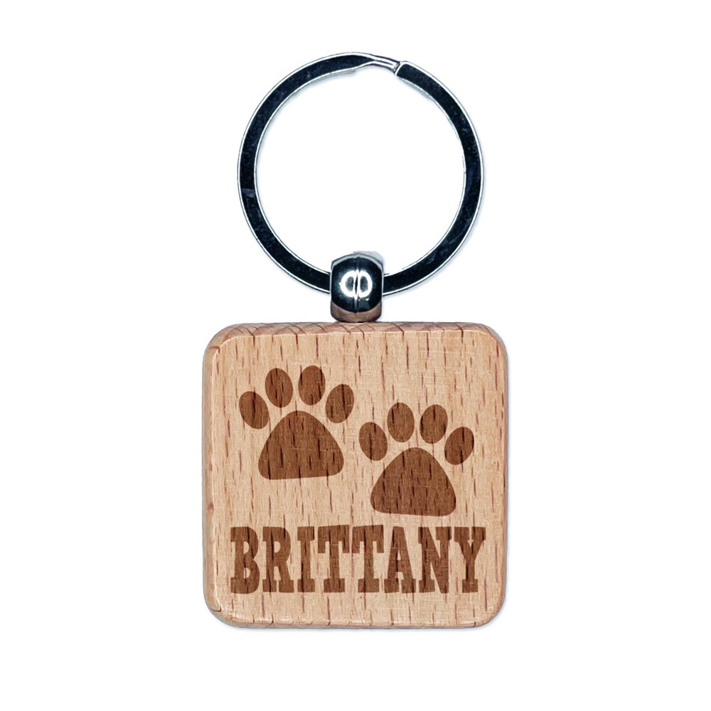 Brittany Spaniel Paw Print Engraved Wooden Keychain Charm  