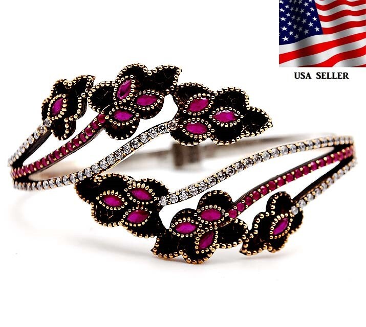 Ottoman Empire Inspired 6CT Treated Ruby and Topaz 925 Sterling Silver Elegant Bracelet – Z1-1