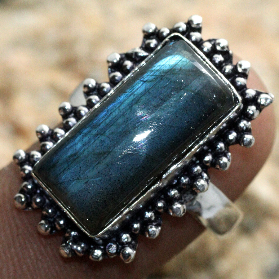 Handmade 925 Silver Plated Fiery Labradorite Ethnic Ring Size US 9 JW Stylish Jewelry