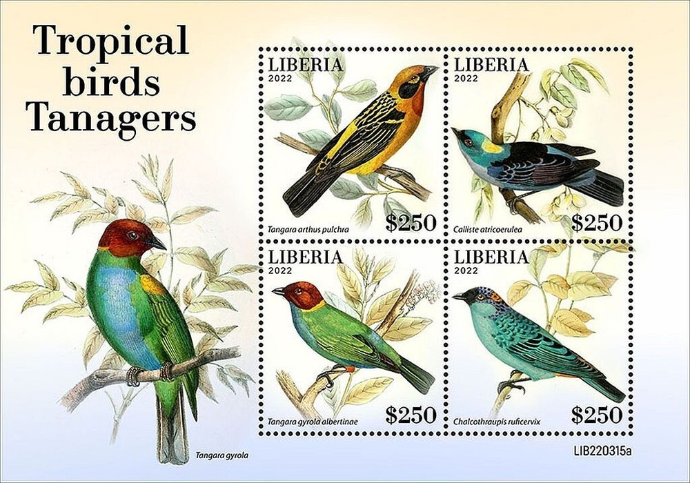 TANAGERS Tropical Birds MNH 4v Stamp Sheet Liberia 2022