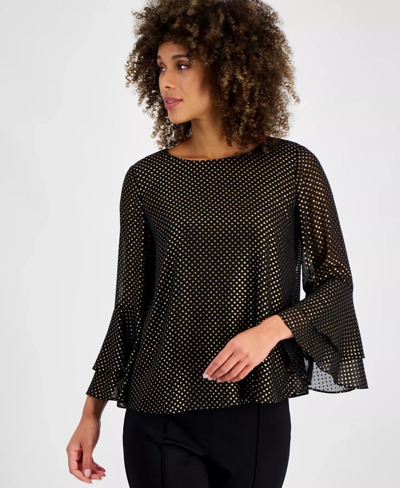 Kasper Women's Top Petite PXL Metallic Dot Bell-Sleeve Blouse