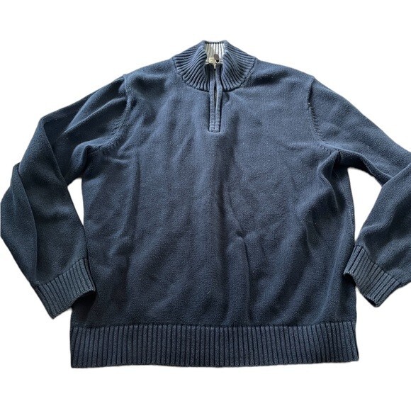 L.L. Bean Mens Navy Blue 1/4 Zip Knit Sweatshirt Size Large 100% Cotton
