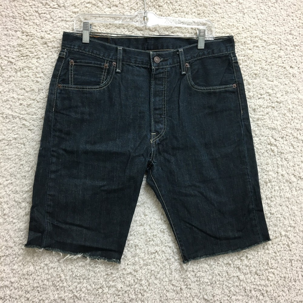 Levis 501 Shorts 34 Mens Blue Denim Cut Off Jorts Button Fly Bermuda Dark Wash