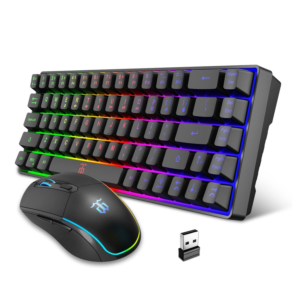 60% Compact Wireless Gaming Keyboard and Mouse Combo with LED Backlighting, Rechargeable 2000mAh Battery for Seamless Gaming Experience
