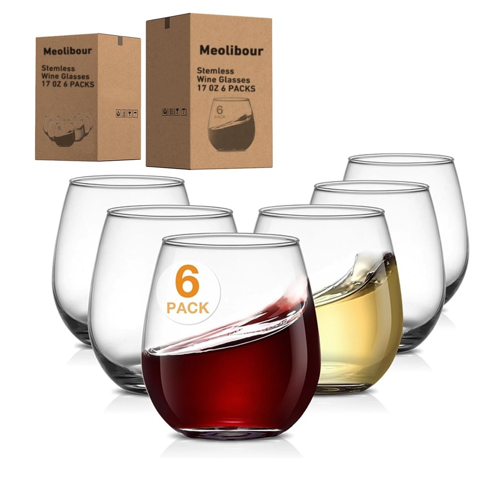 Set of 6 Large 17oz Stemless Wine Glasses for Red & White Wine