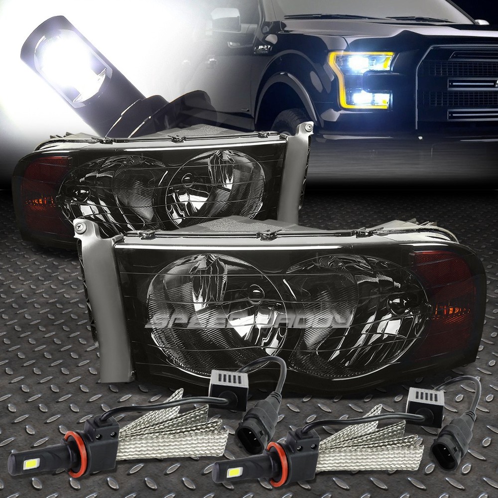 Smoked Tint Headlight Amber Corner with 6000K White LED System for 02-05 Dodge Ram