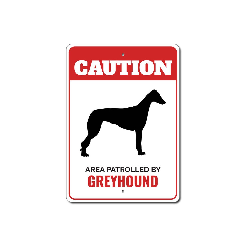 Patrolled By Greyhound Caution Metal Sign Dog Kennel Pet Breed Canine K9 Paw