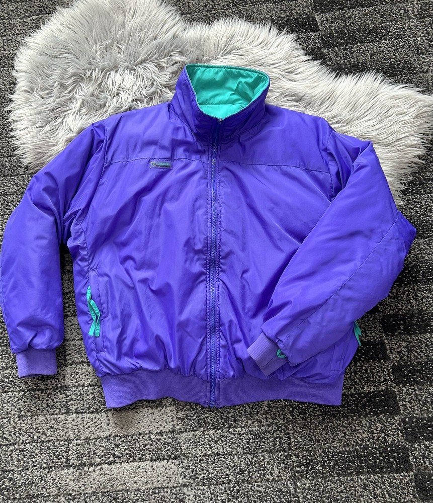 Columbia Reversible 90s Puffer Jacket Mens XL Purple Teal Vintage Windproof Down Coat